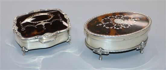 Two George V silver and tortoiseshell mounted trinket boxes, Birmingham, 1910 & 1919, largest 11.5cm.